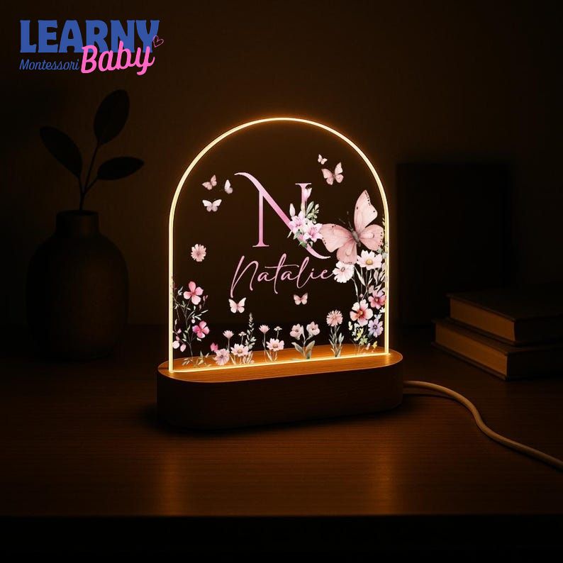 Personalized Name Night Light, Butterfly Flower LED Lamp, Custom Acrylic Light with Wooden Base, Gift for Her, Bedroom Decor NL04