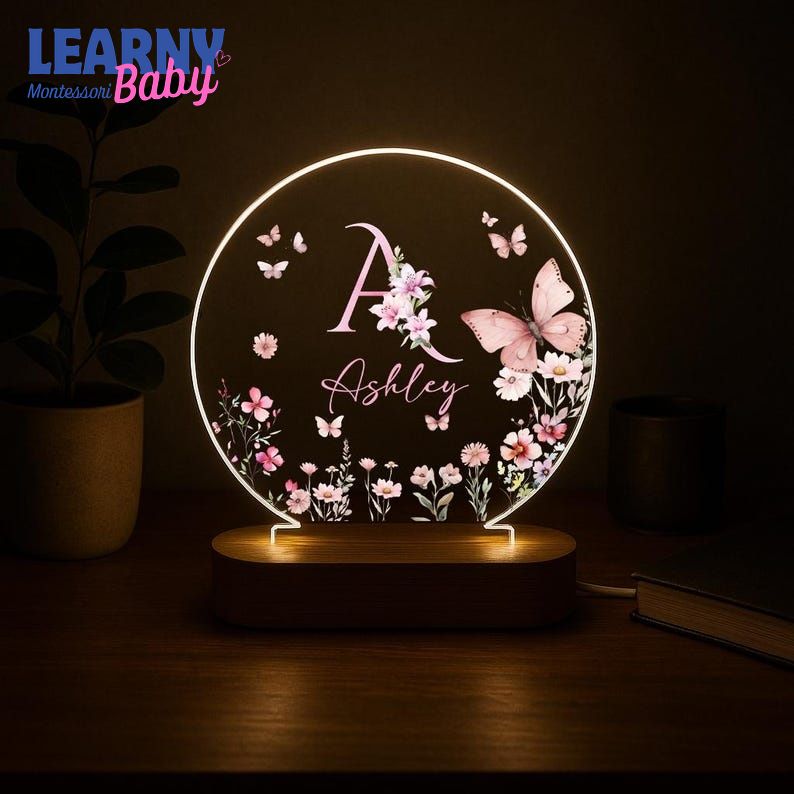 Personalized Name Night Light, Butterfly Flower LED Lamp, Custom Acrylic Light with Wooden Base, Gift for Her, Bedroom Decor NL04
