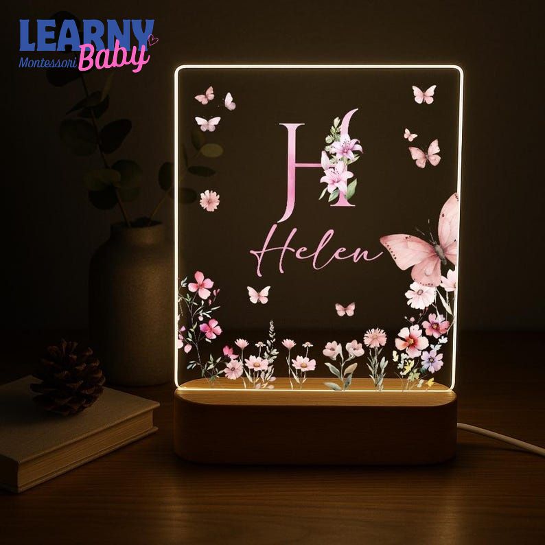 Personalized Name Night Light, Butterfly Flower LED Lamp, Custom Acrylic Light with Wooden Base, Gift for Her, Bedroom Decor NL04
