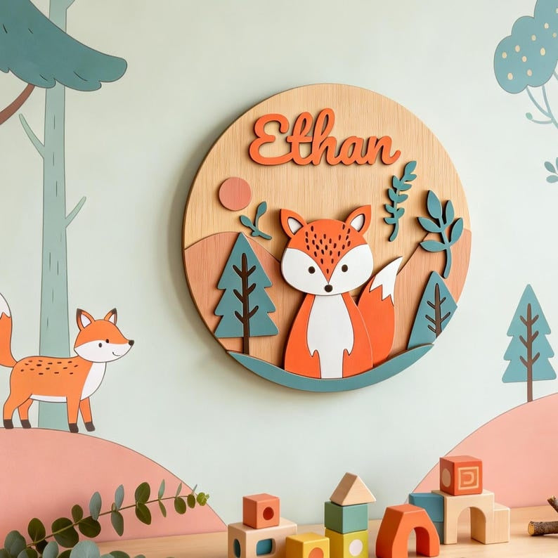 Personalized 3D Woodland Animal Wooden Name Sign, Nursery Decor, Baby Boy Gift