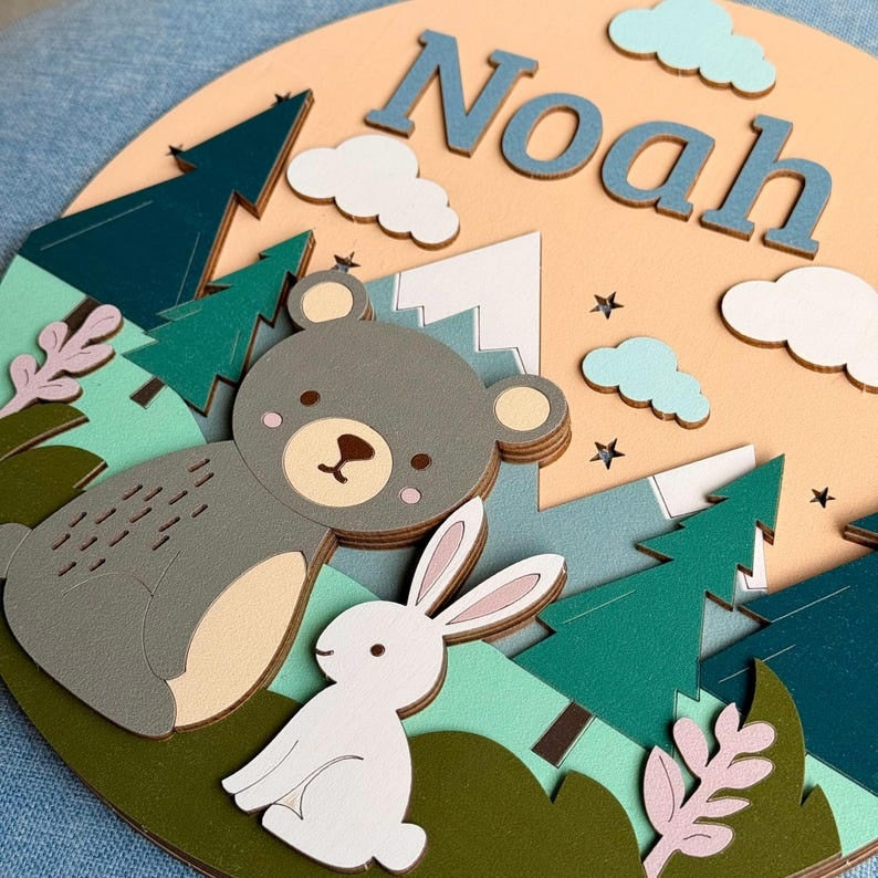 Personalized 3D Woodland Animal Wooden Name Sign, Nursery Decor, Baby Boy Gift