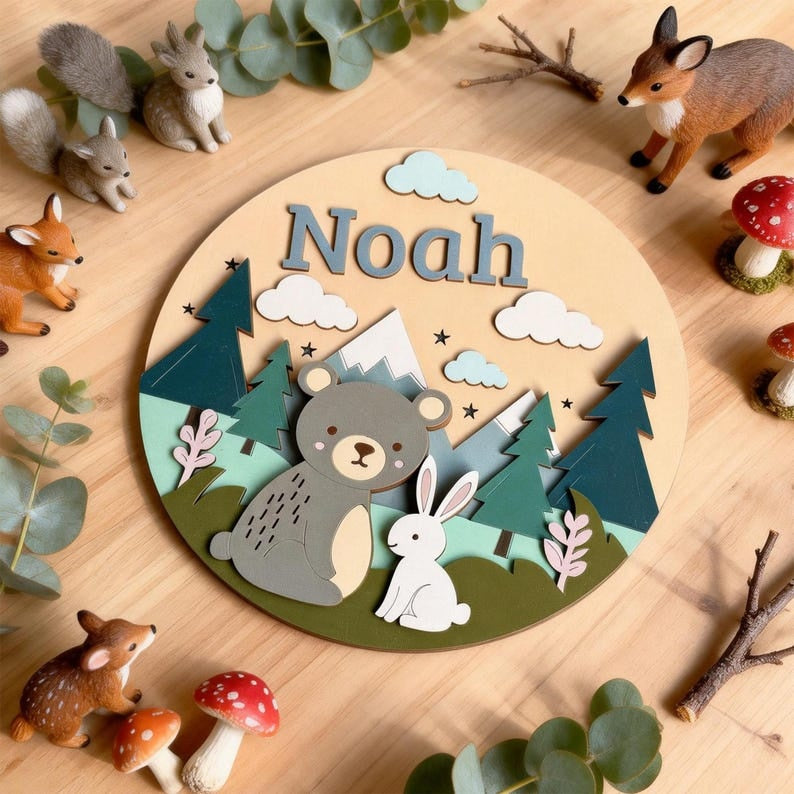 Personalized 3D Woodland Animal Wooden Name Sign, Nursery Decor, Baby Boy Gift