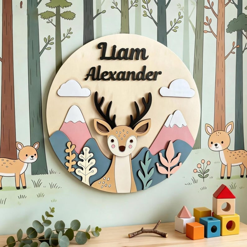 Personalized 3D Woodland Animal Wooden Name Sign, Nursery Decor, Baby Boy Gift