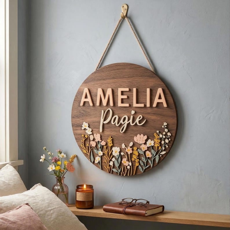 Personalized Floral Nursery Name Sign, Custom Round Wooden Plaque with Wildflowers Pastel Flowers - Boho Baby Girl Room Decor, Newborn