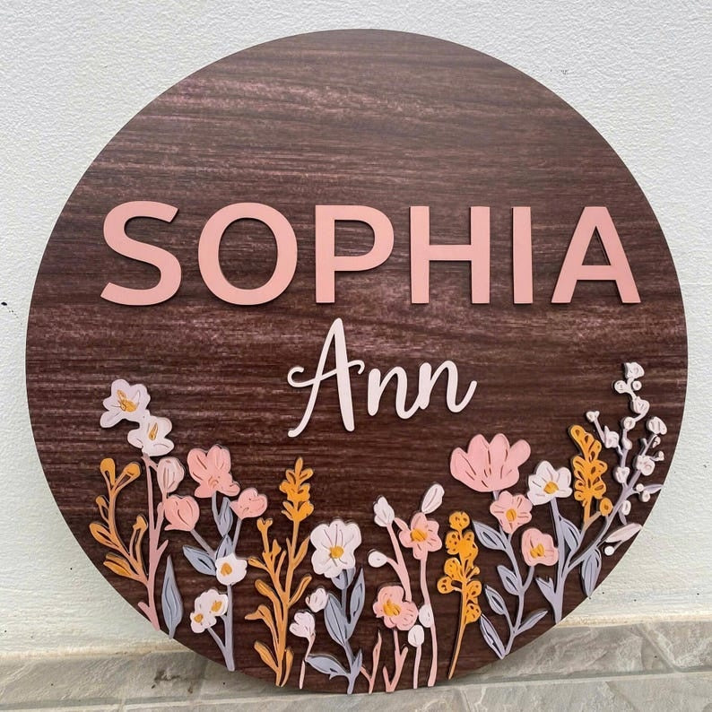 Personalized Floral Nursery Name Sign, Custom Round Wooden Plaque with Wildflowers Pastel Flowers - Boho Baby Girl Room Decor, Newborn