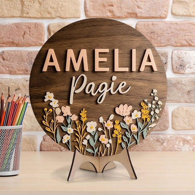 Personalized Floral Nursery Name Sign, Custom Round Wooden Plaque with Wildflowers Pastel Flowers - Boho Baby Girl Room Decor, Newborn