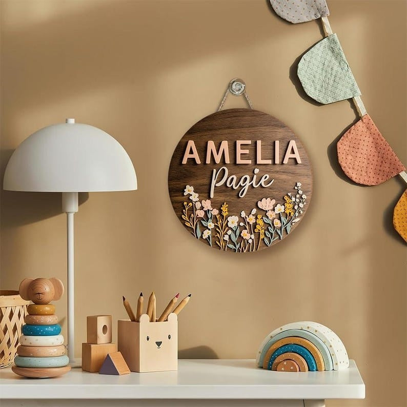 Personalized Floral Nursery Name Sign, Custom Round Wooden Plaque with Wildflowers Pastel Flowers - Boho Baby Girl Room Decor, Newborn