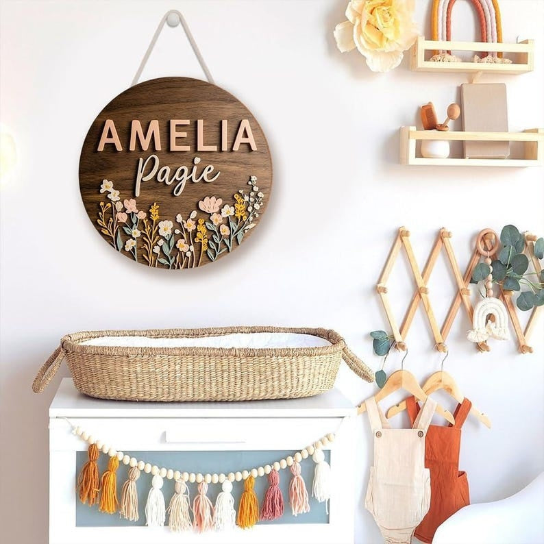 Personalized Floral Nursery Name Sign, Custom Round Wooden Plaque with Wildflowers Pastel Flowers - Boho Baby Girl Room Decor, Newborn