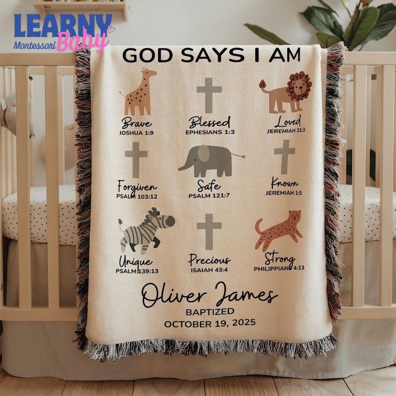 God Says I Am Baptism Blanket Safari Animals, Custom Christening Blanket with Cross, Personalized Baby Name & Date Blanket, Baby Shower Gift