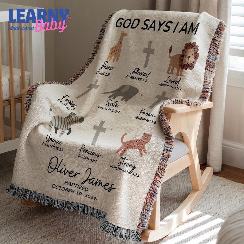 God Says I Am Baptism Blanket Safari Animals, Custom Christening Blanket with Cross, Personalized Baby Name & Date Blanket, Baby Shower Gift