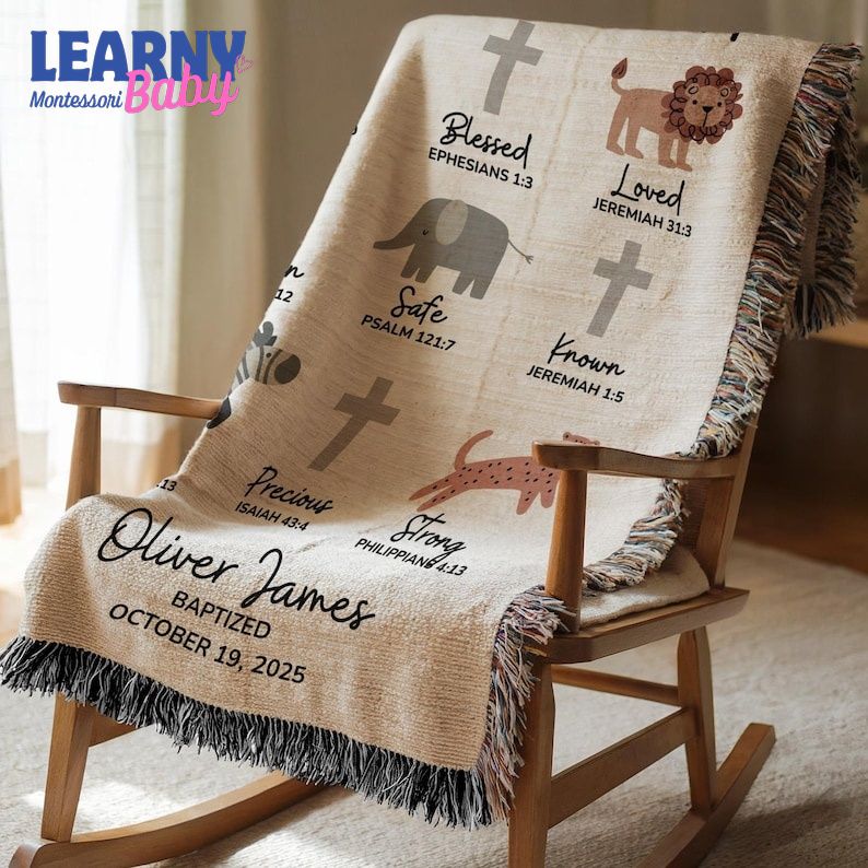 God Says I Am Baptism Blanket Safari Animals, Custom Christening Blanket with Cross, Personalized Baby Name & Date Blanket, Baby Shower Gift