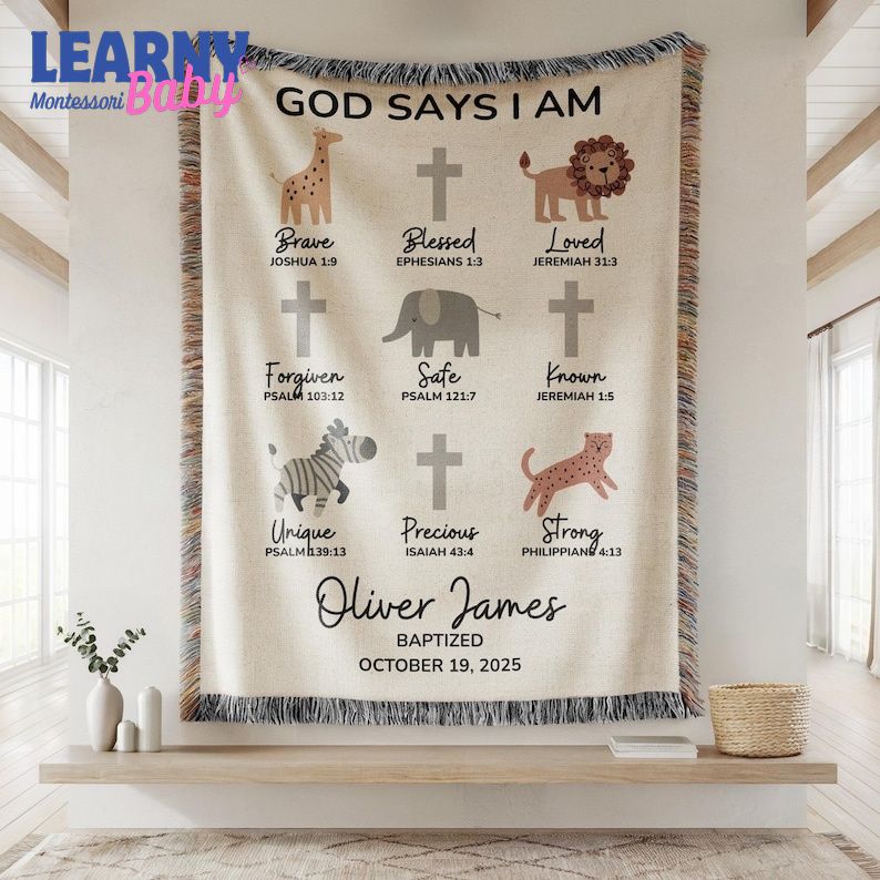 God Says I Am Baptism Blanket Safari Animals, Custom Christening Blanket with Cross, Personalized Baby Name & Date Blanket, Baby Shower Gift