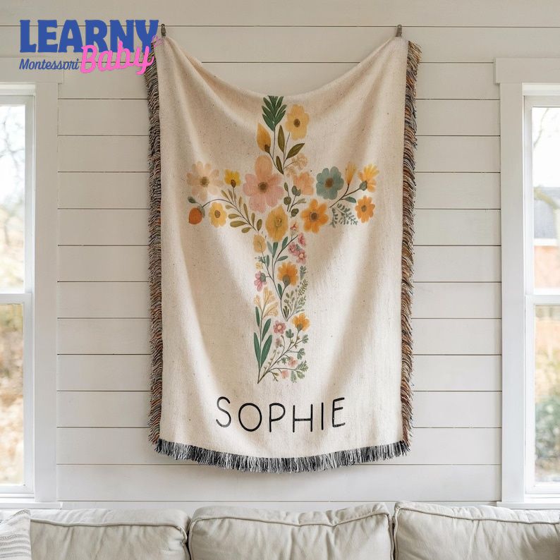 Personalized Baptism Baby Blanket Baptism Christening Blanket for Girl, Woven Baby Blanket with Floral Cross Baptism Floral Cross Baby Gift