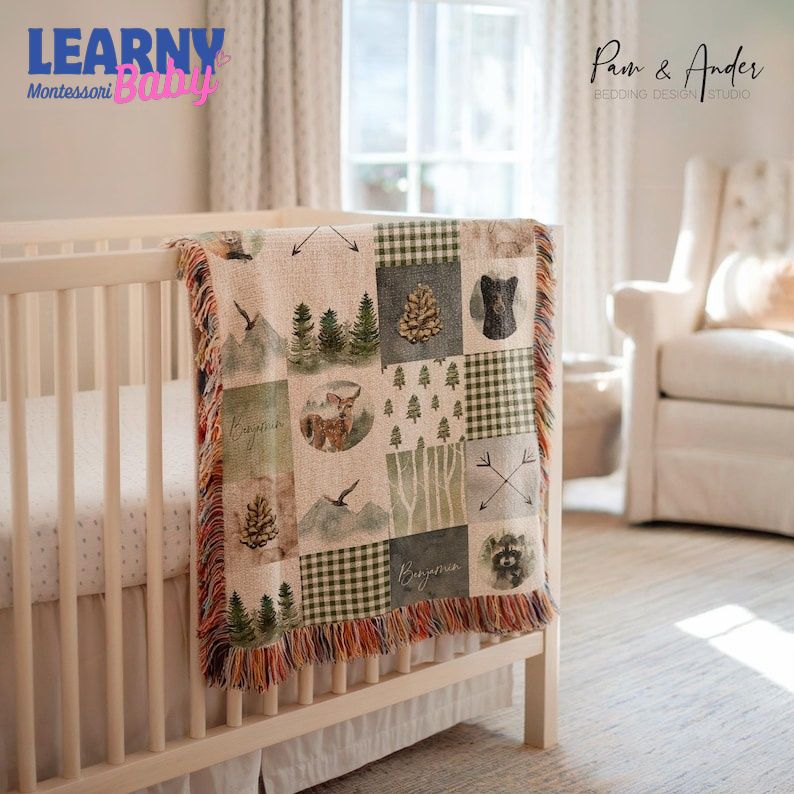 PATCHWORK WOODLAND PRINT personalized woven blanket, baby blanket, Personalized baby blanket, Baby Shower Gift, NewBorn Gift, Baby Boy Gift
