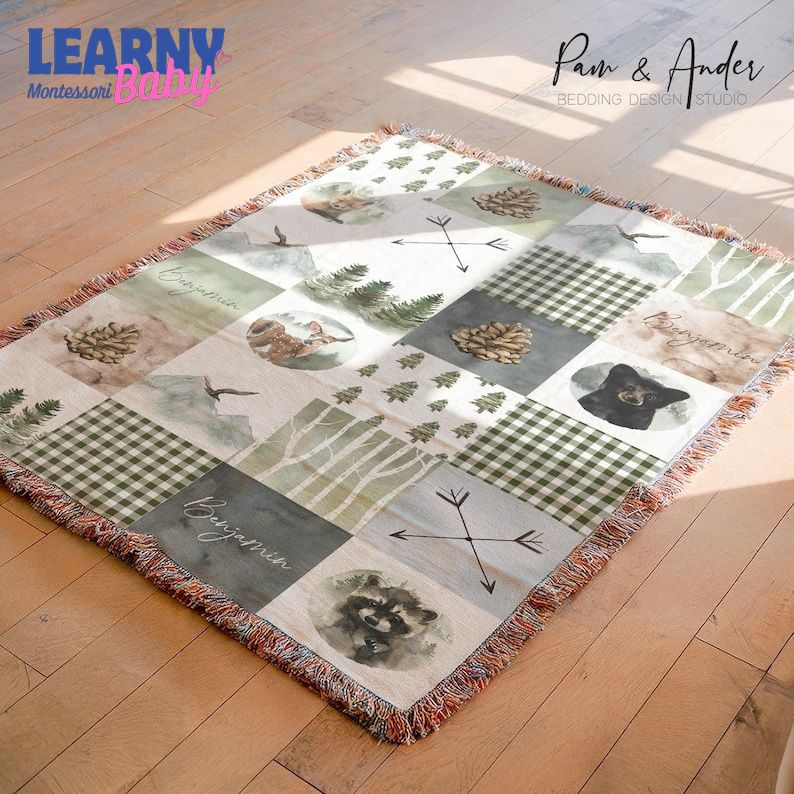 PATCHWORK WOODLAND PRINT personalized woven blanket, baby blanket, Personalized baby blanket, Baby Shower Gift, NewBorn Gift, Baby Boy Gift