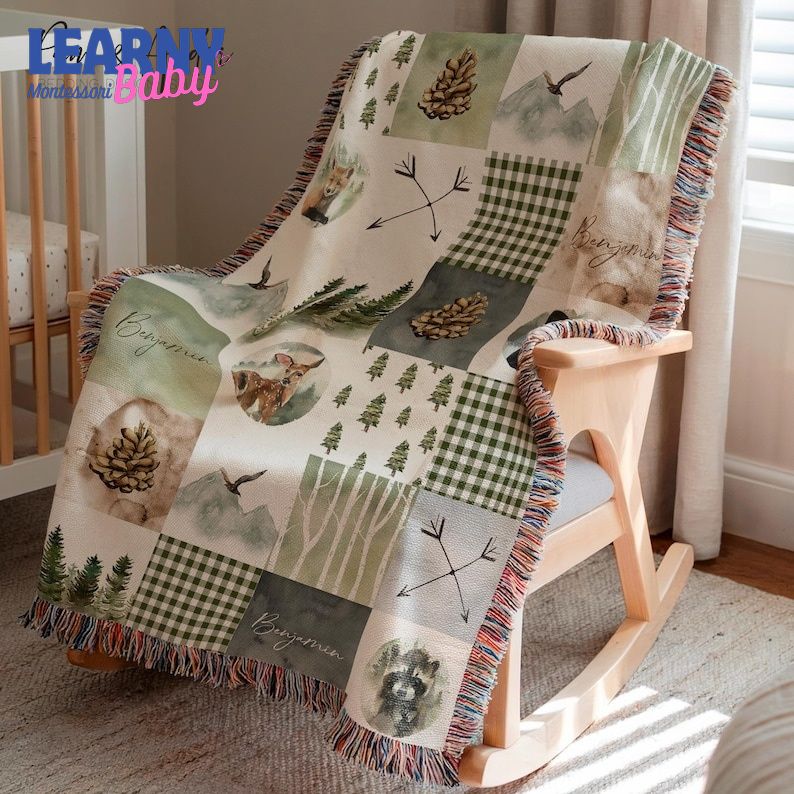 PATCHWORK WOODLAND PRINT personalized woven blanket, baby blanket, Personalized baby blanket, Baby Shower Gift, NewBorn Gift, Baby Boy Gift