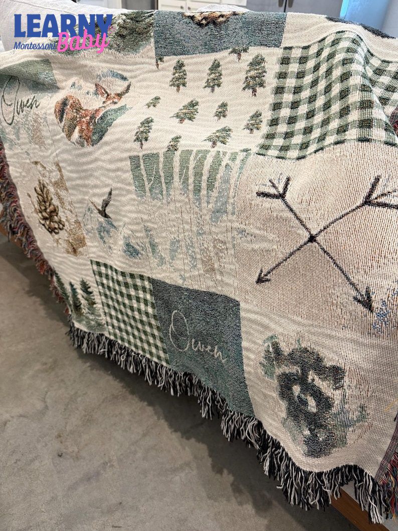 PATCHWORK WOODLAND PRINT personalized woven blanket, baby blanket, Personalized baby blanket, Baby Shower Gift, NewBorn Gift, Baby Boy Gift
