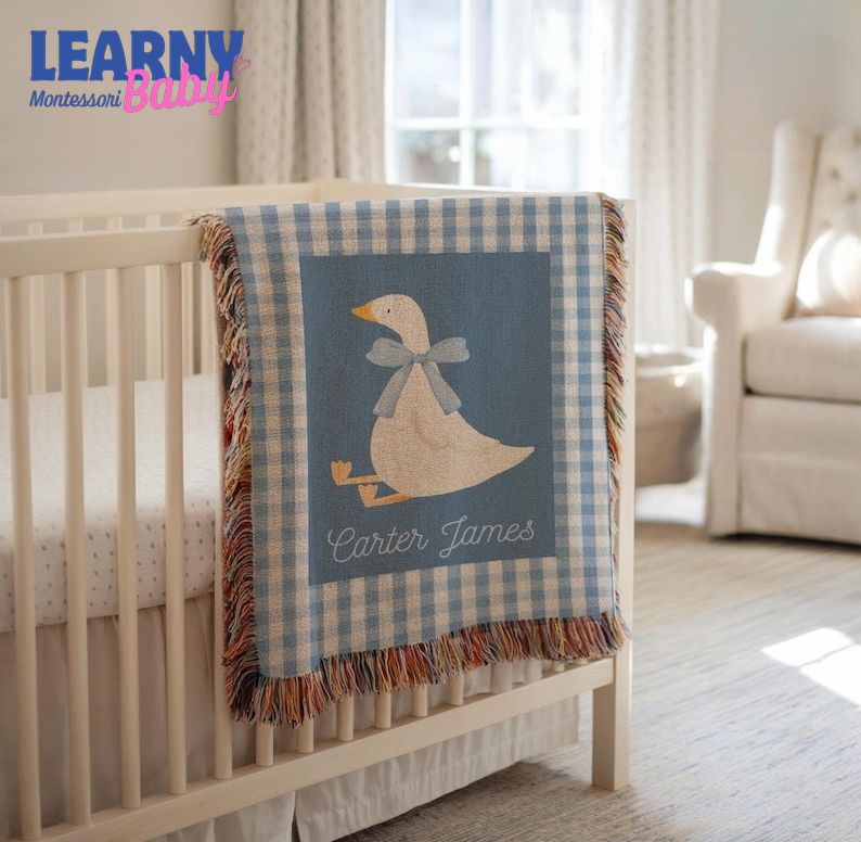 Goose Baby Blanket Boy with Name, Gingham Blue, Cotton Woven Fringe Blanket, Farm Nursery Bedding Storybook Baby Blanket, Baby Shower Gift