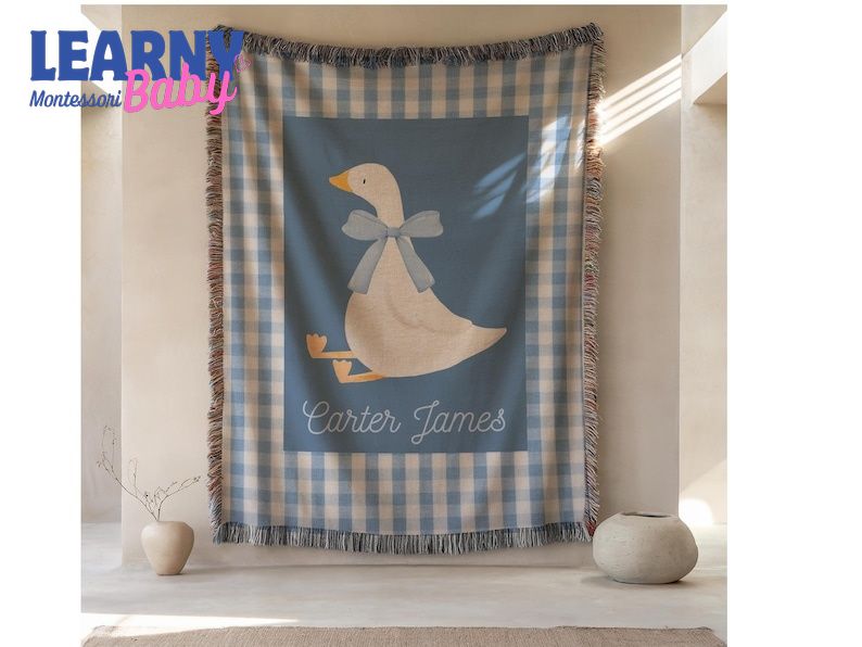 Goose Baby Blanket Boy with Name, Gingham Blue, Cotton Woven Fringe Blanket, Farm Nursery Bedding Storybook Baby Blanket, Baby Shower Gift