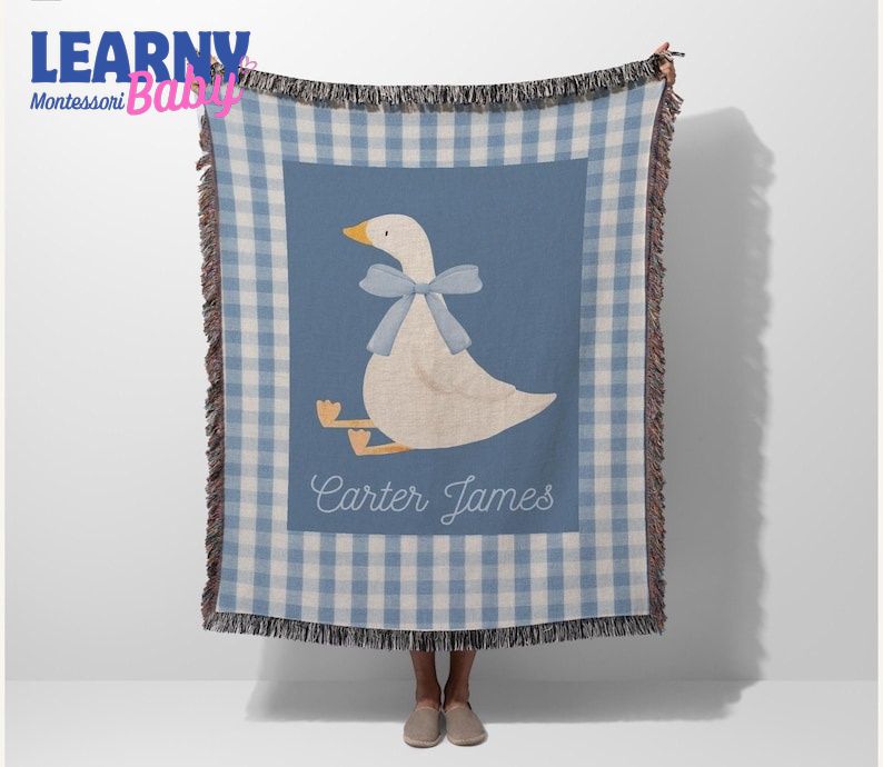 Goose Baby Blanket Boy with Name, Gingham Blue, Cotton Woven Fringe Blanket, Farm Nursery Bedding Storybook Baby Blanket, Baby Shower Gift