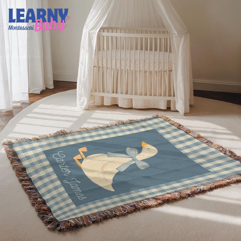 Goose Baby Blanket Boy with Name, Gingham Blue, Cotton Woven Fringe Blanket, Farm Nursery Bedding Storybook Baby Blanket, Baby Shower Gift