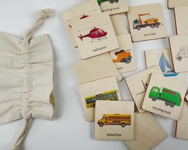 Transport Vehicles Wooden Flash Cards – Montessori Preschool Learning & Early Reading | For Toddlers Ages 1.5–4 FCLB05