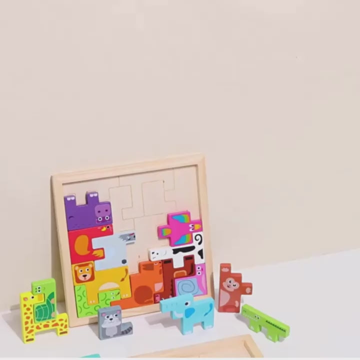 3D Wooden Tetris Puzzle Toy for Kids – Animal & Vehicle Shape Puzzle, Montessori Educational Toy