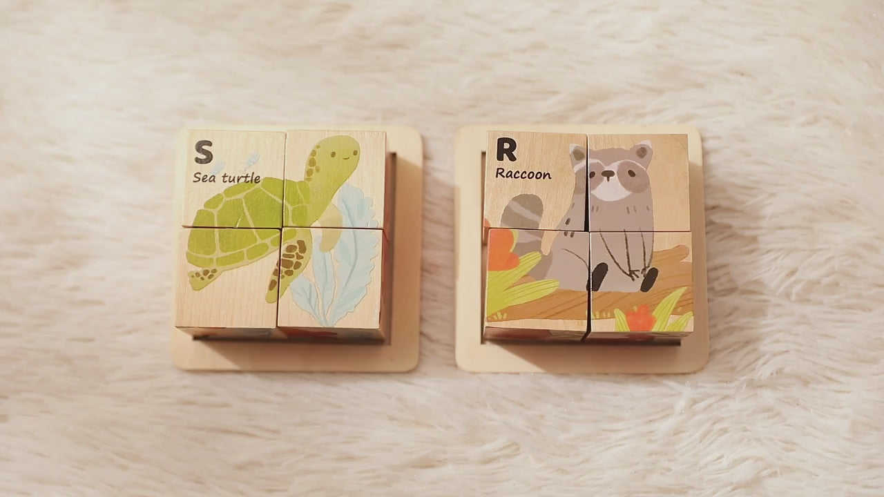 Montessori 3D Wooden Animal Puzzle Blocks – Four-Sided Rotating Educational Toy for Toddlers