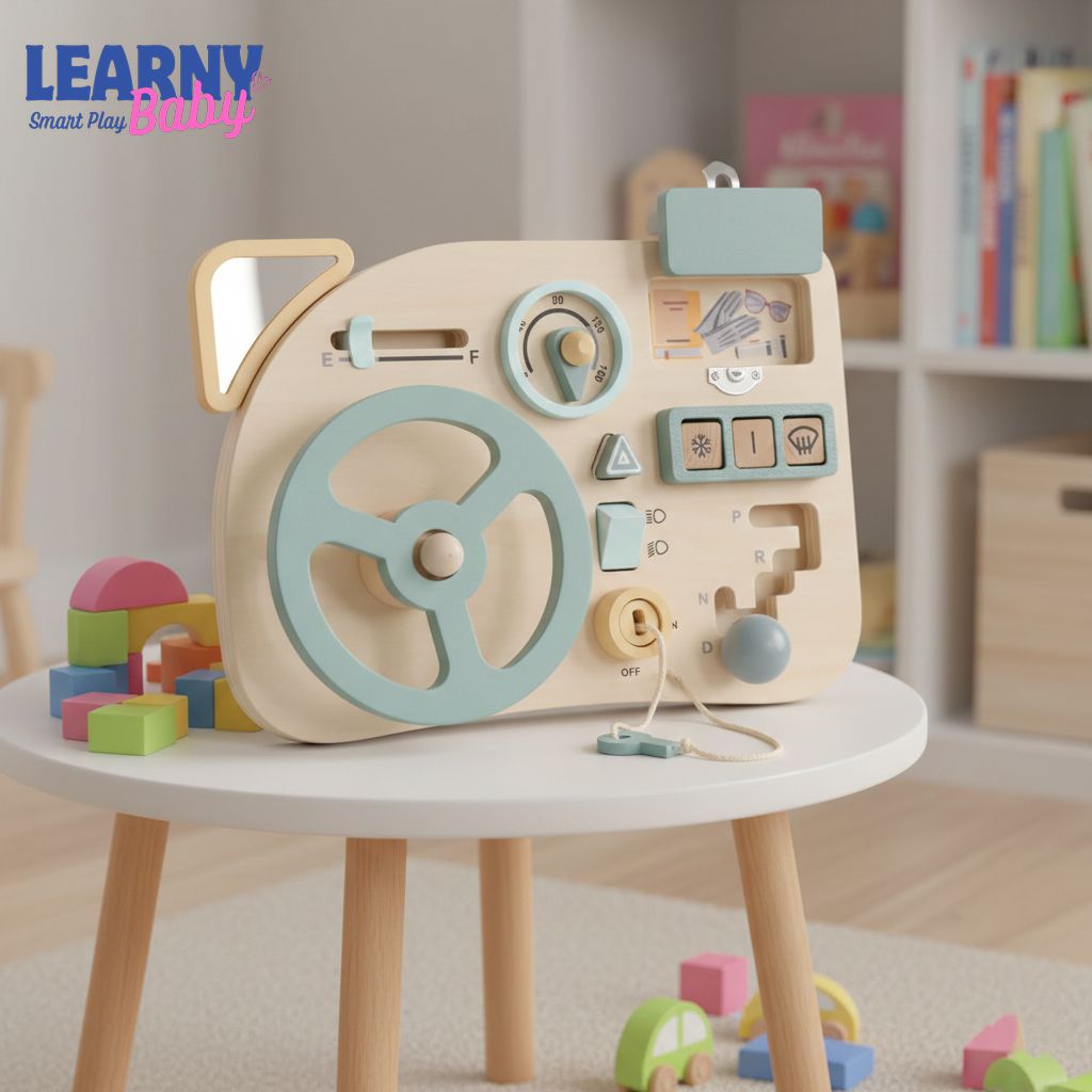 Montessori Wooden Steering Wheel Busy Board for Toddlers, Sensory Activity Board, Car Dashboard Toy, Fine Motor Skills Learning Toy