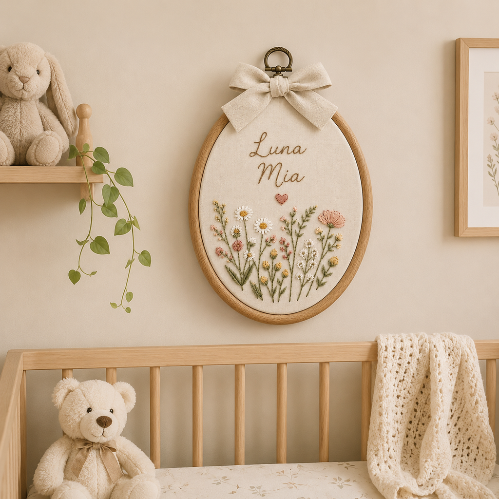 Personalized Floral Baby Name Sign, Embroidered Nursery Wall Art, Custom Oval Name Hoop, Wildflower Baby Room Decor Gift