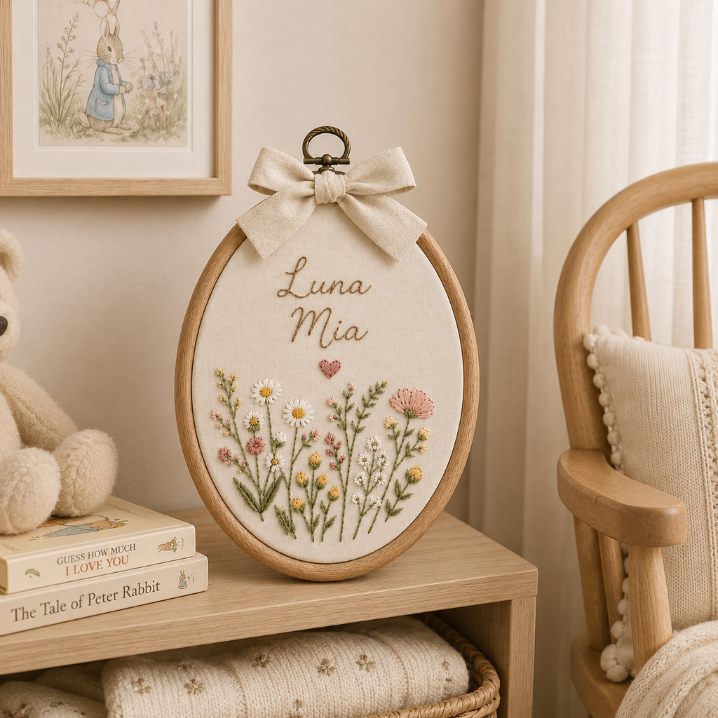 Personalized Floral Baby Name Sign, Embroidered Nursery Wall Art, Custom Oval Name Hoop, Wildflower Baby Room Decor Gift