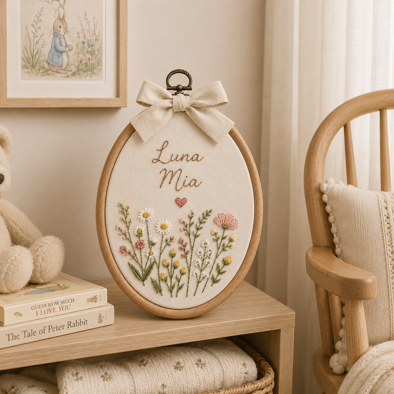 Personalized Floral Baby Name Sign, Embroidered Nursery Wall Art, Custom Oval Name Hoop, Wildflower Baby Room Decor Gift