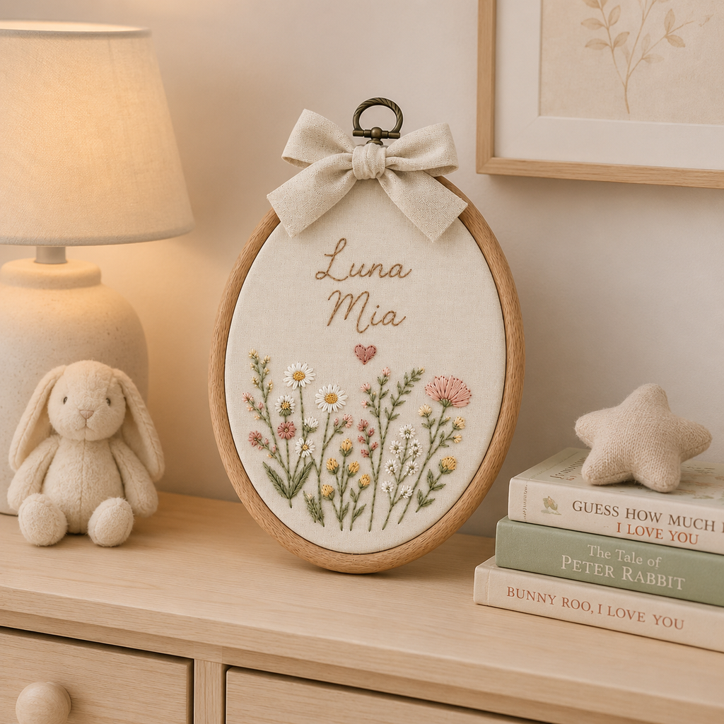 Personalized Floral Baby Name Sign, Embroidered Nursery Wall Art, Custom Oval Name Hoop, Wildflower Baby Room Decor Gift