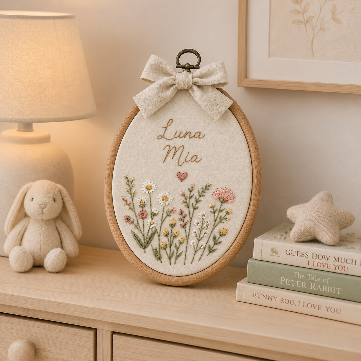 Personalized Floral Baby Name Sign, Embroidered Nursery Wall Art, Custom Oval Name Hoop, Wildflower Baby Room Decor Gift