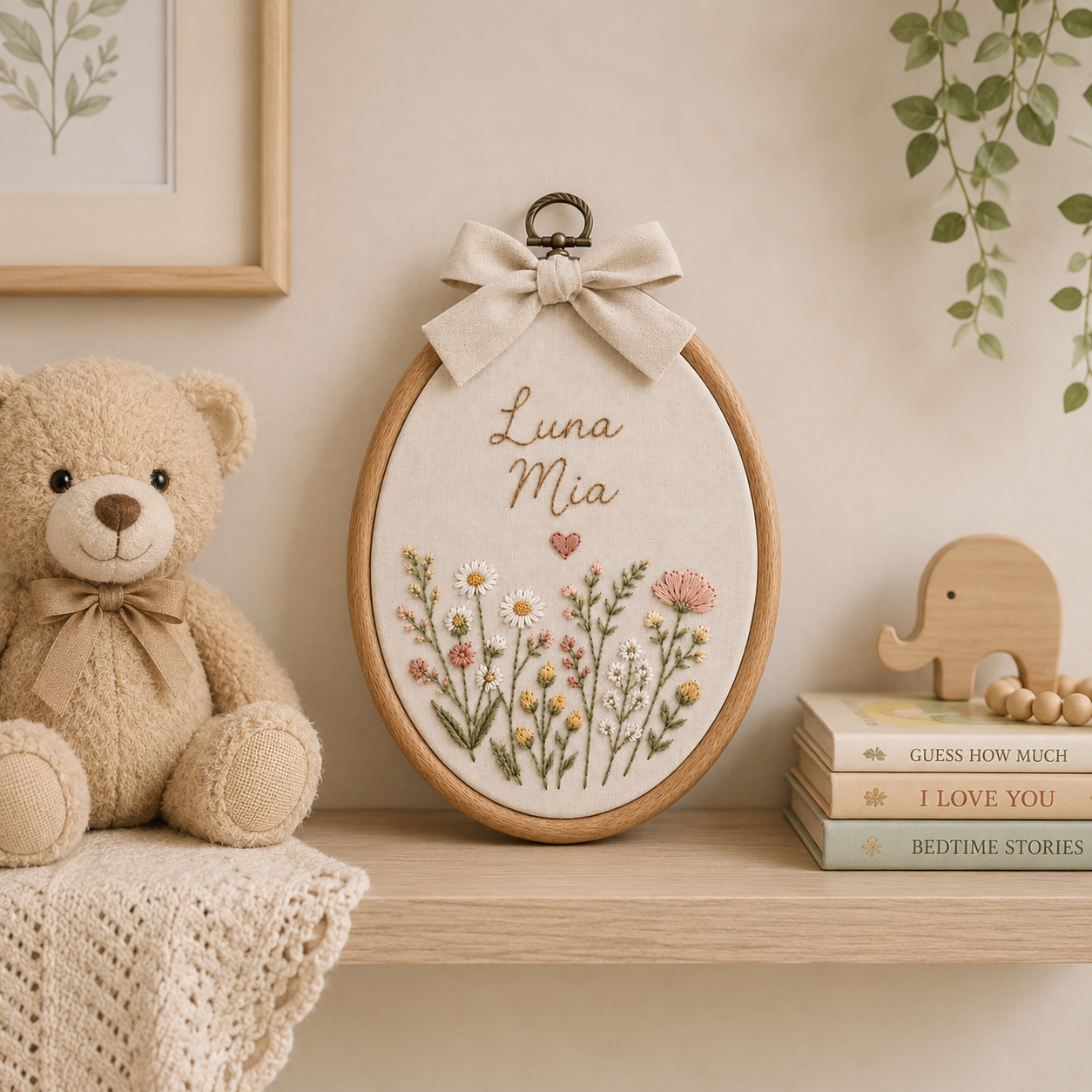 Personalized Floral Baby Name Sign, Embroidered Nursery Wall Art, Custom Oval Name Hoop, Wildflower Baby Room Decor Gift