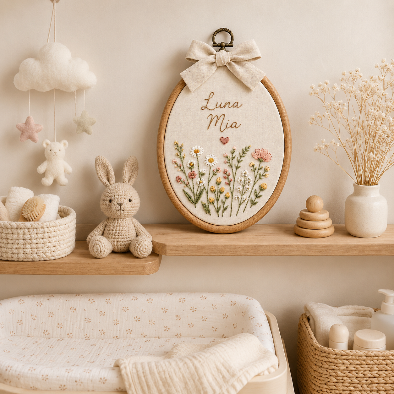 Personalized Floral Baby Name Sign, Embroidered Nursery Wall Art, Custom Oval Name Hoop, Wildflower Baby Room Decor Gift