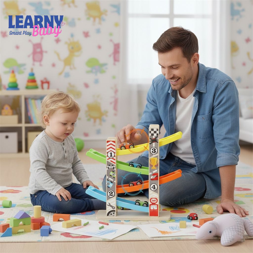 Montessori Wooden Ramp Racing Car Toy – 4–7 Track Inertia Slide Race Set for Toddlers