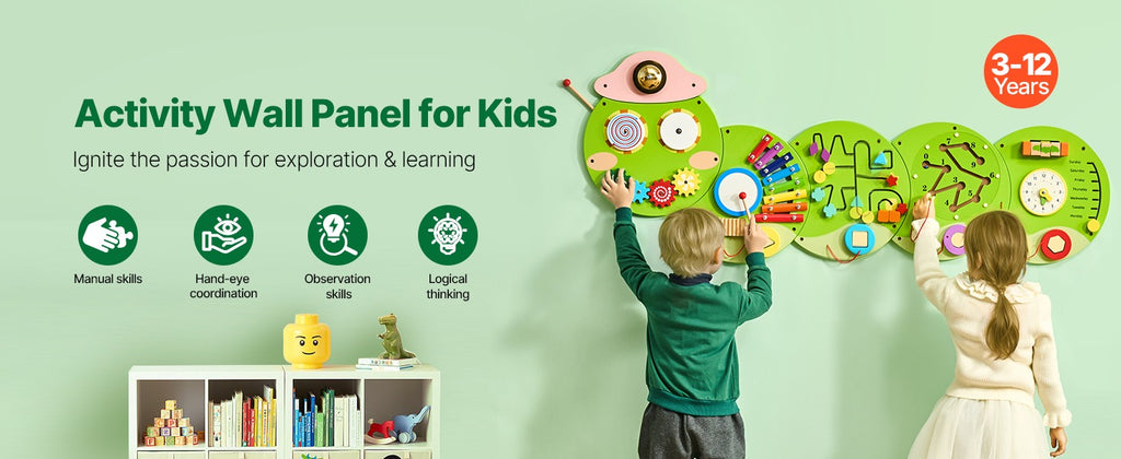 Wooden Busy Board for Kids, 12 Activities Montessori Sensory Learning Center, Educational Wall Toy for Children Ages 3-12