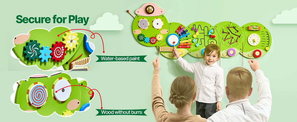 Wooden Busy Board for Kids, 12 Activities Montessori Sensory Learning Center, Educational Wall Toy for Children Ages 3-12