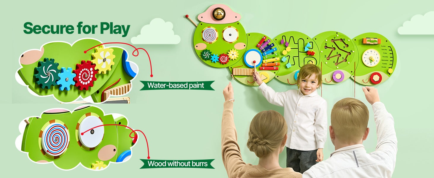 Wooden Busy Board for Kids, 12 Activities Montessori Sensory Learning Center, Educational Wall Toy for Children Ages 3-12